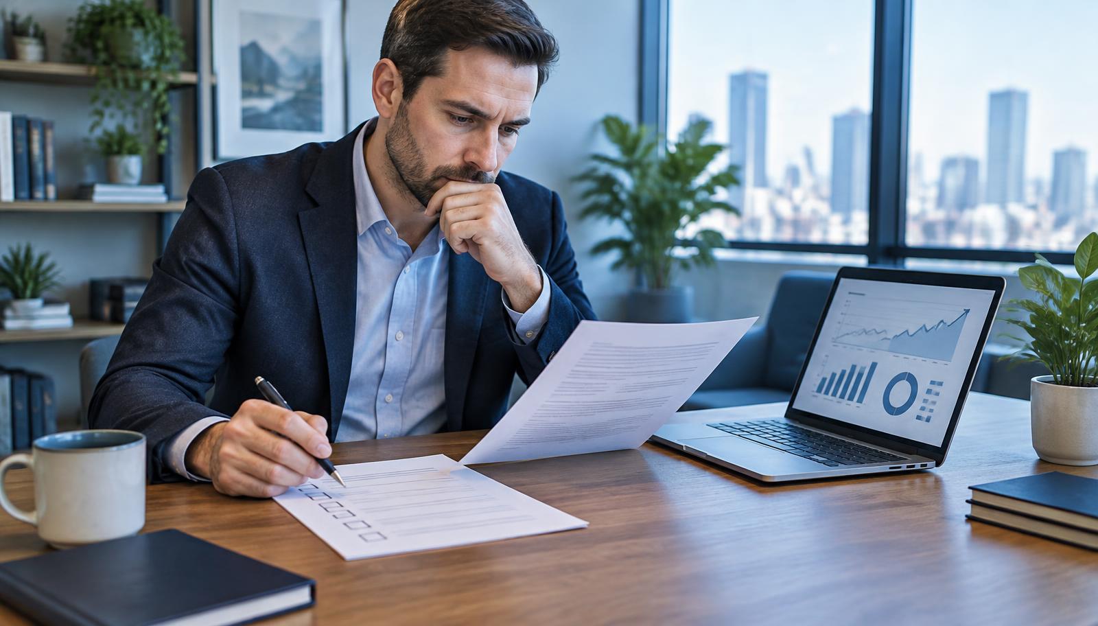 A business owner reviewing an AI SEO agency contract and checklist before signing