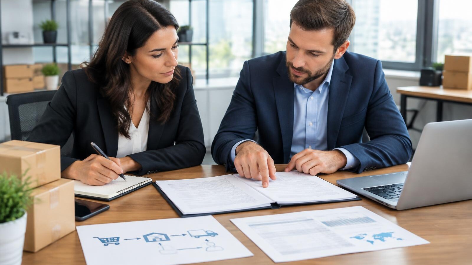 Two businesspeople reviewing a contract and service level agreement before hiring an ecommerce outsourcing partner