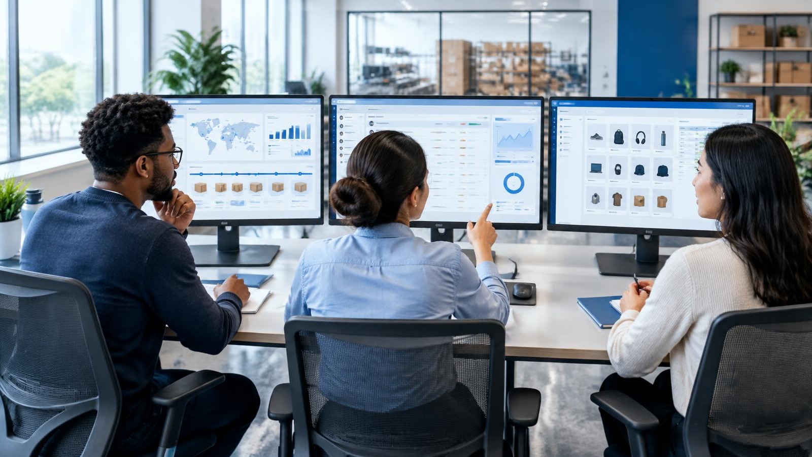 A small operations team monitoring fulfillment, support, and catalog dashboards for an ecommerce brand