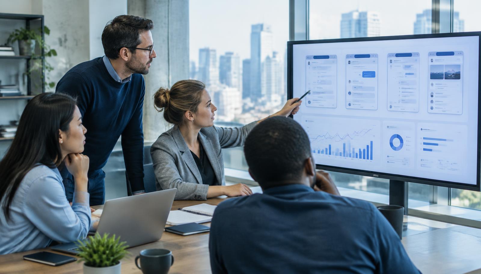 A marketing team reviewing AI search visibility dashboards while evaluating an AI SEO agency