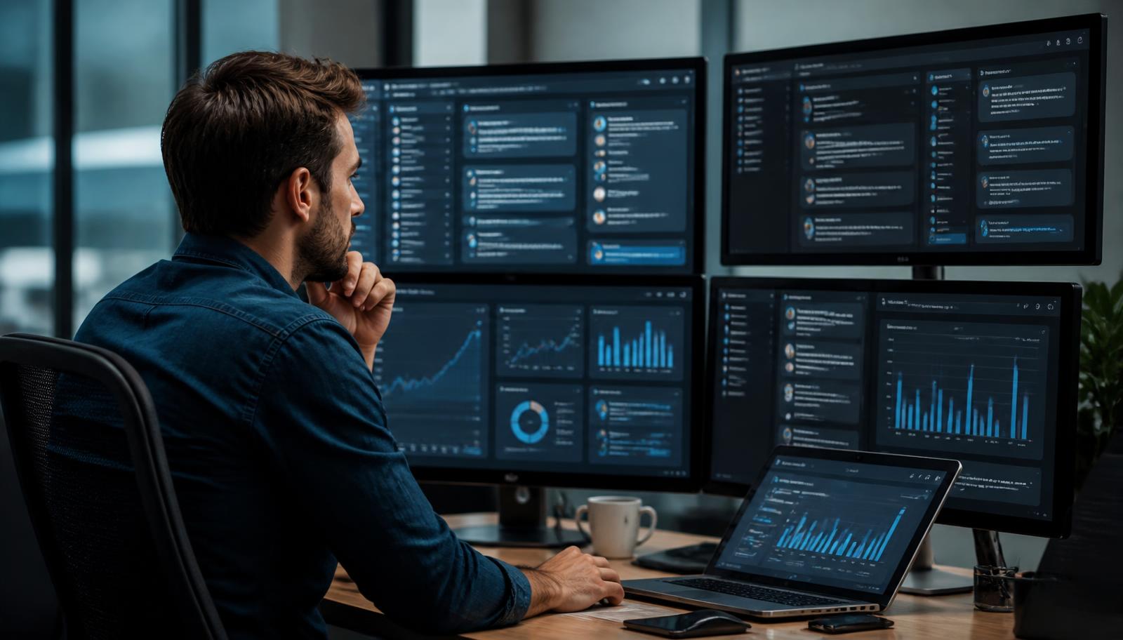Analyst comparing brand visibility across multiple AI search platforms on several monitors