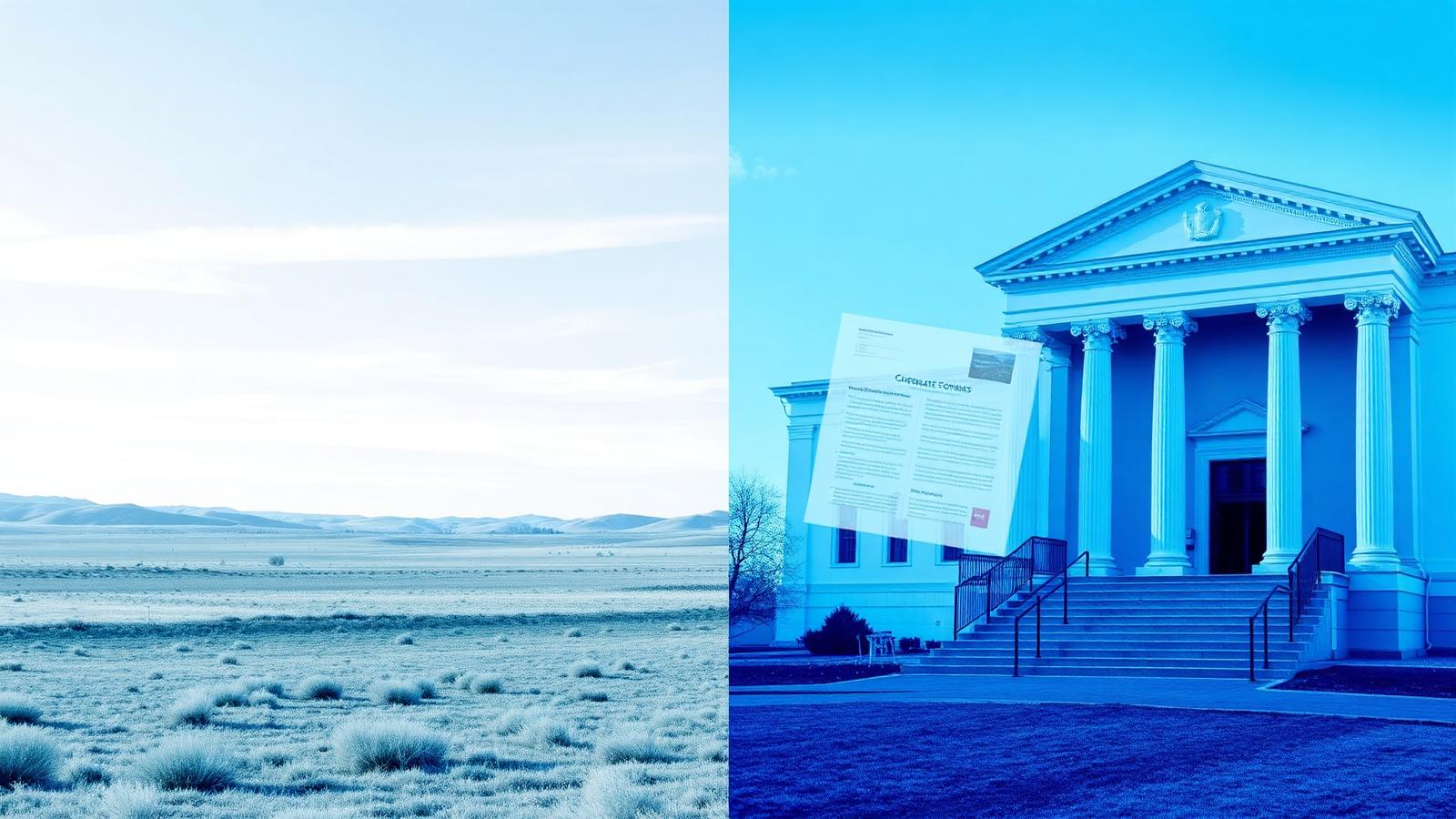 Split image contrasting Wyoming plains with a Delaware courthouse facade and corporate formation documents