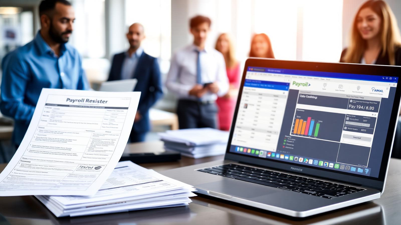 US payroll register, I-9 forms and state withholding paperwork beside a laptop showing a payroll dashboard in a modern office