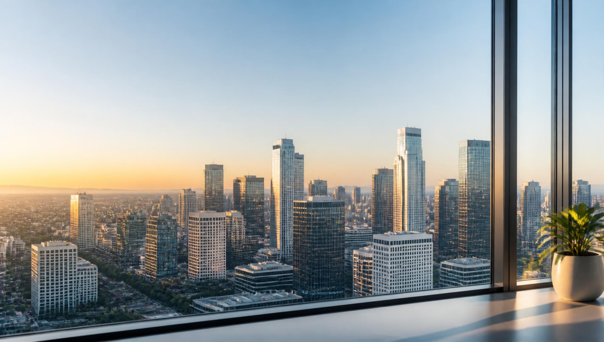 US city skyline at golden hour seen from a modern office window