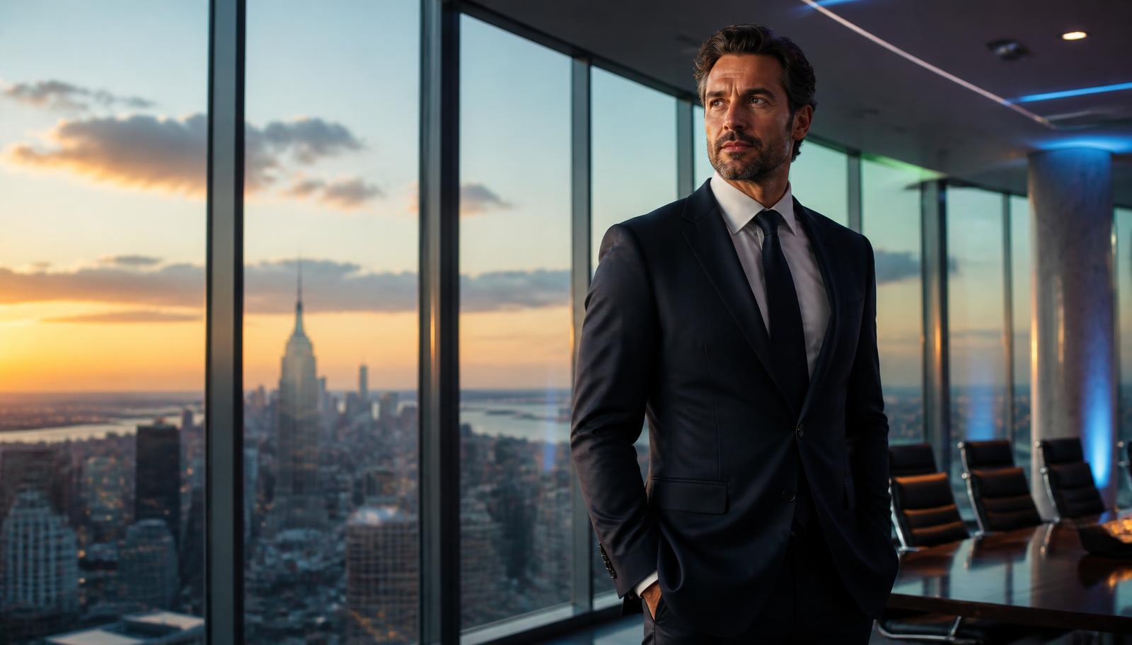 Business leader overlooking a US city skyline from a boardroom