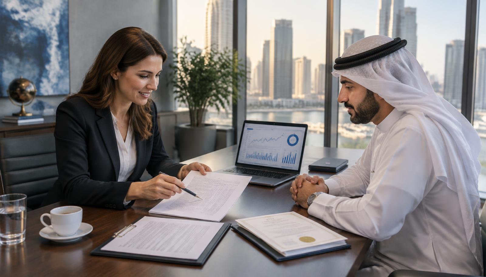 A banker and an international business owner reviewing US corporate documents and account paperwork in a glass-walled meeting room