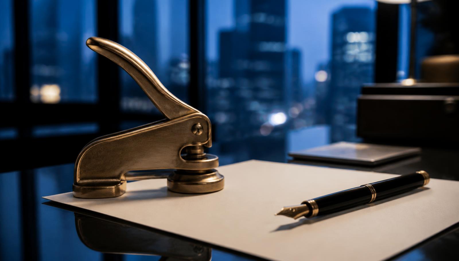 Corporate seal embosser and fountain pen on incorporation paperwork with a city skyline behind