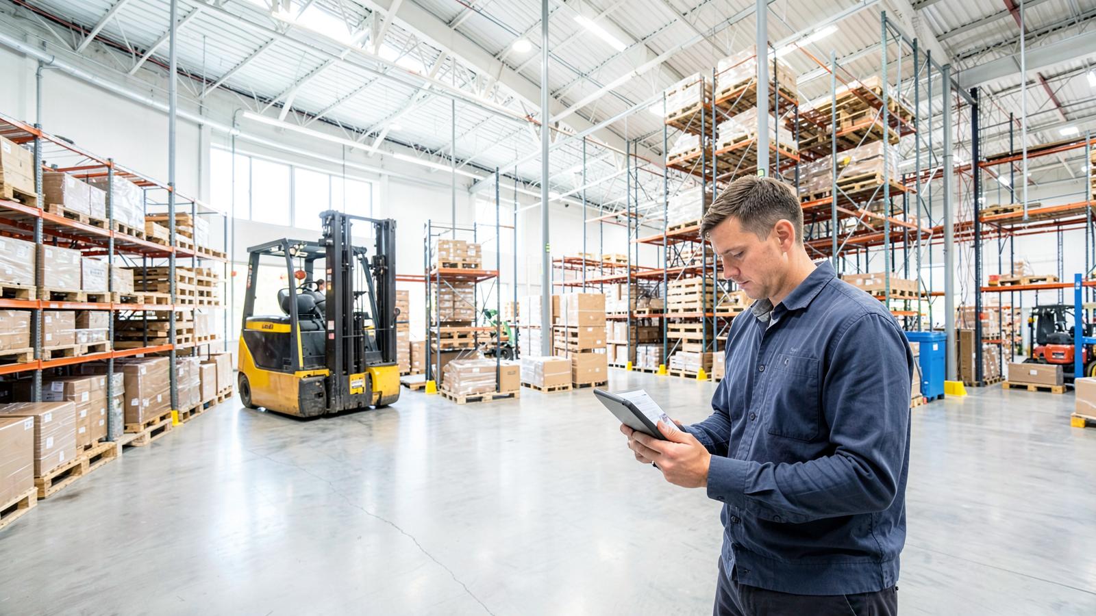 Logistics manager reviewing inventory on a tablet inside a bright US fulfillment warehouse